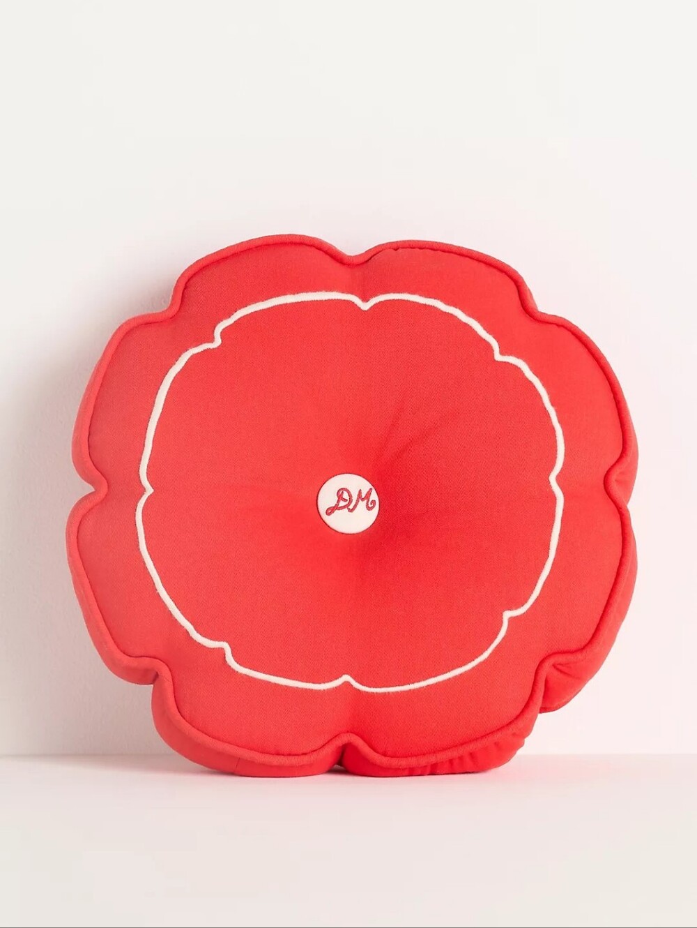 Anthropology Damson Madder Cotton Embroidered Button Round Shaped Pillow Red